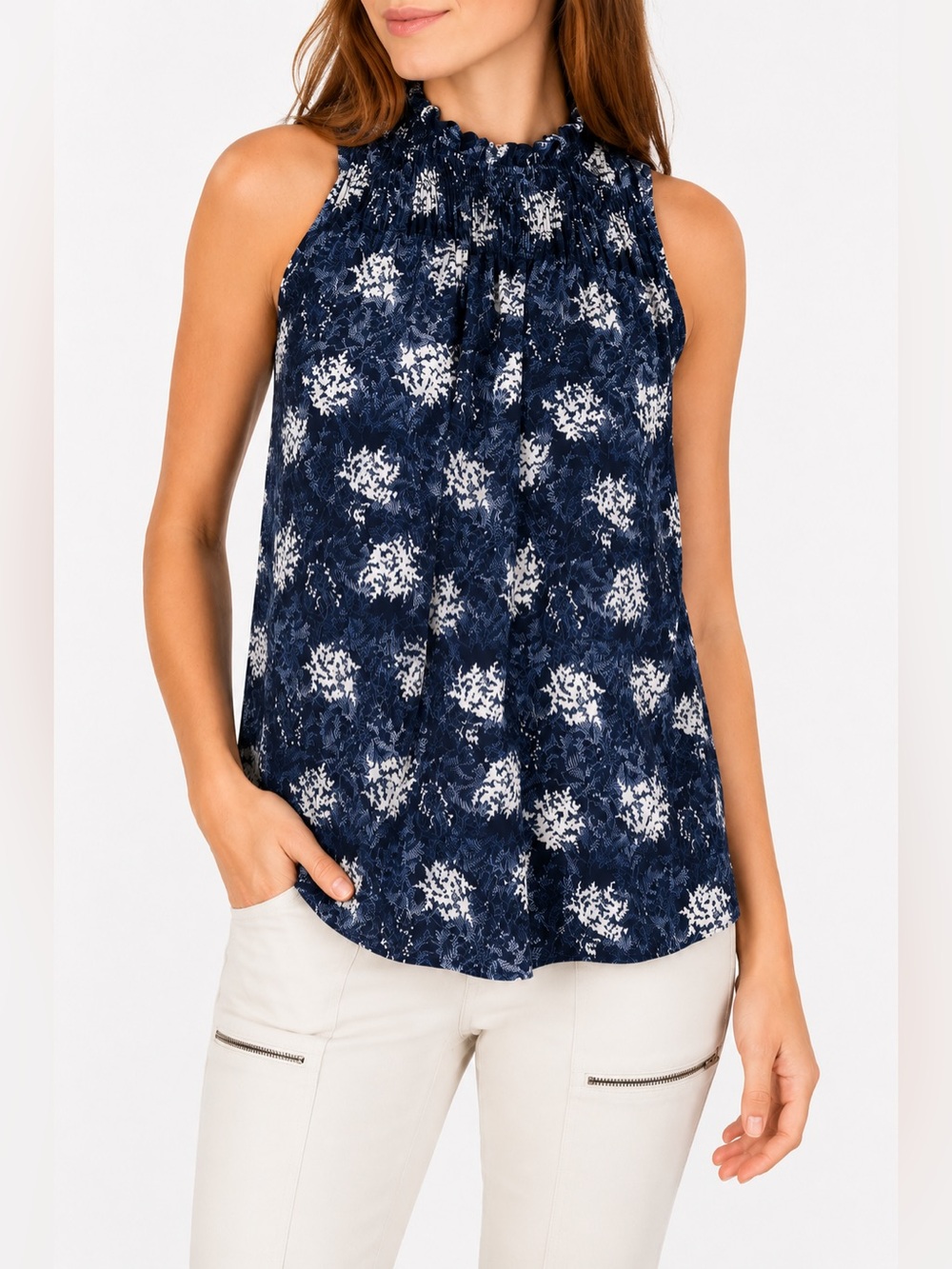 Joie Baltic Blue Fern Print Smocked Mock Neck Blouse XXL